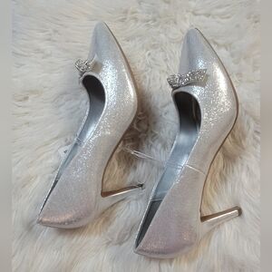 Silver Glitter Heels with Bow Accent